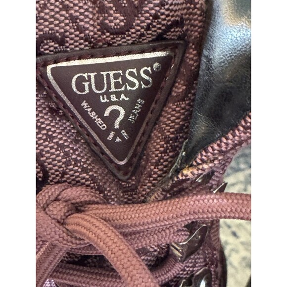 Sz 9.5 Guess Women’s Vaney Logo Pattern Combat Biker Boots Burgundy New - Picture 8 of 12